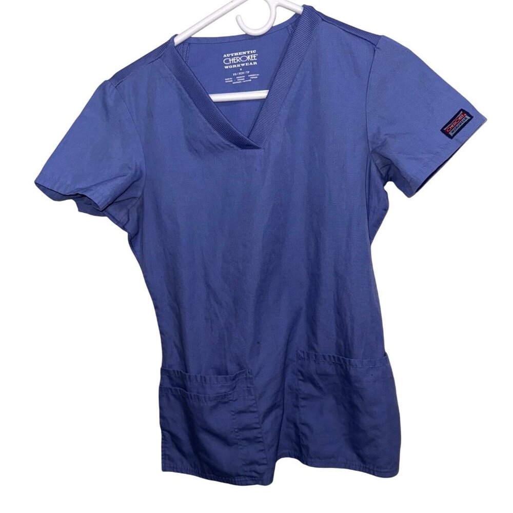Cherokee Authentic Workwear Womens XS V-Neck Scrub Top With Pockets Blue